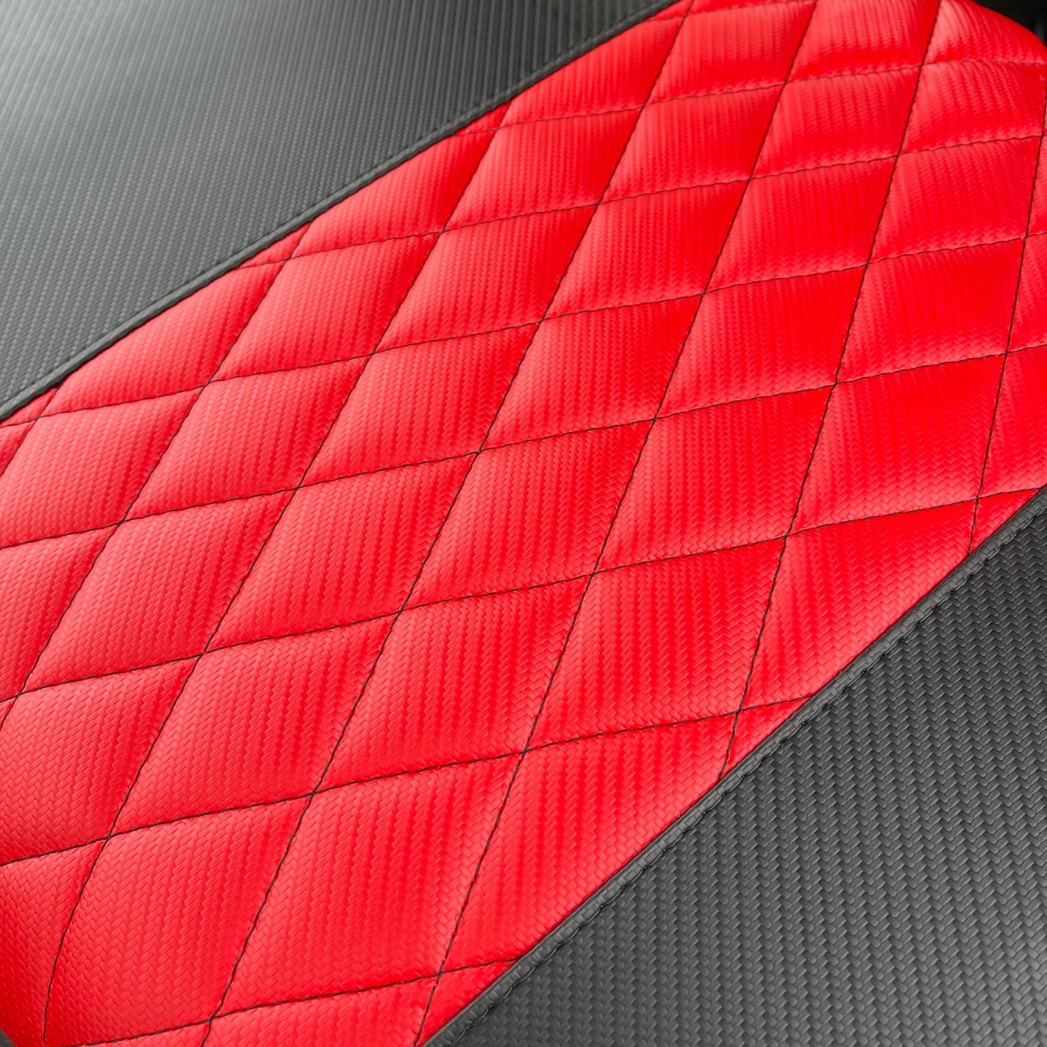 Club Car Golf Seat Covers for 6 Passenger Limo - Carbon Black with Diamond Red Carbon and Red Stitching